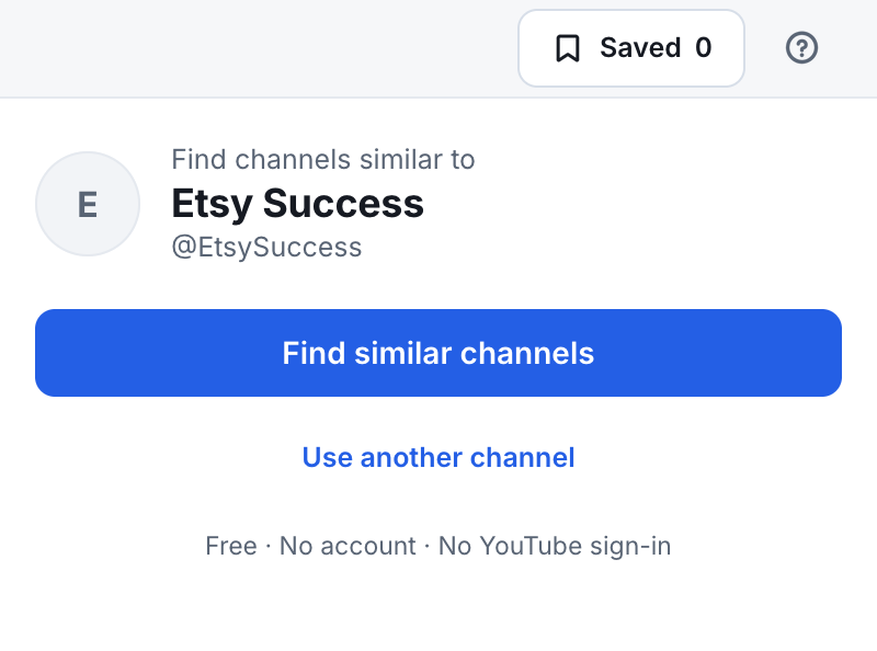The side panel on the Etsy Success channel page: Find channels similar to Etsy Success, a Find similar channels button, a Use another channel link, and Free · No account · No YouTube sign-in.